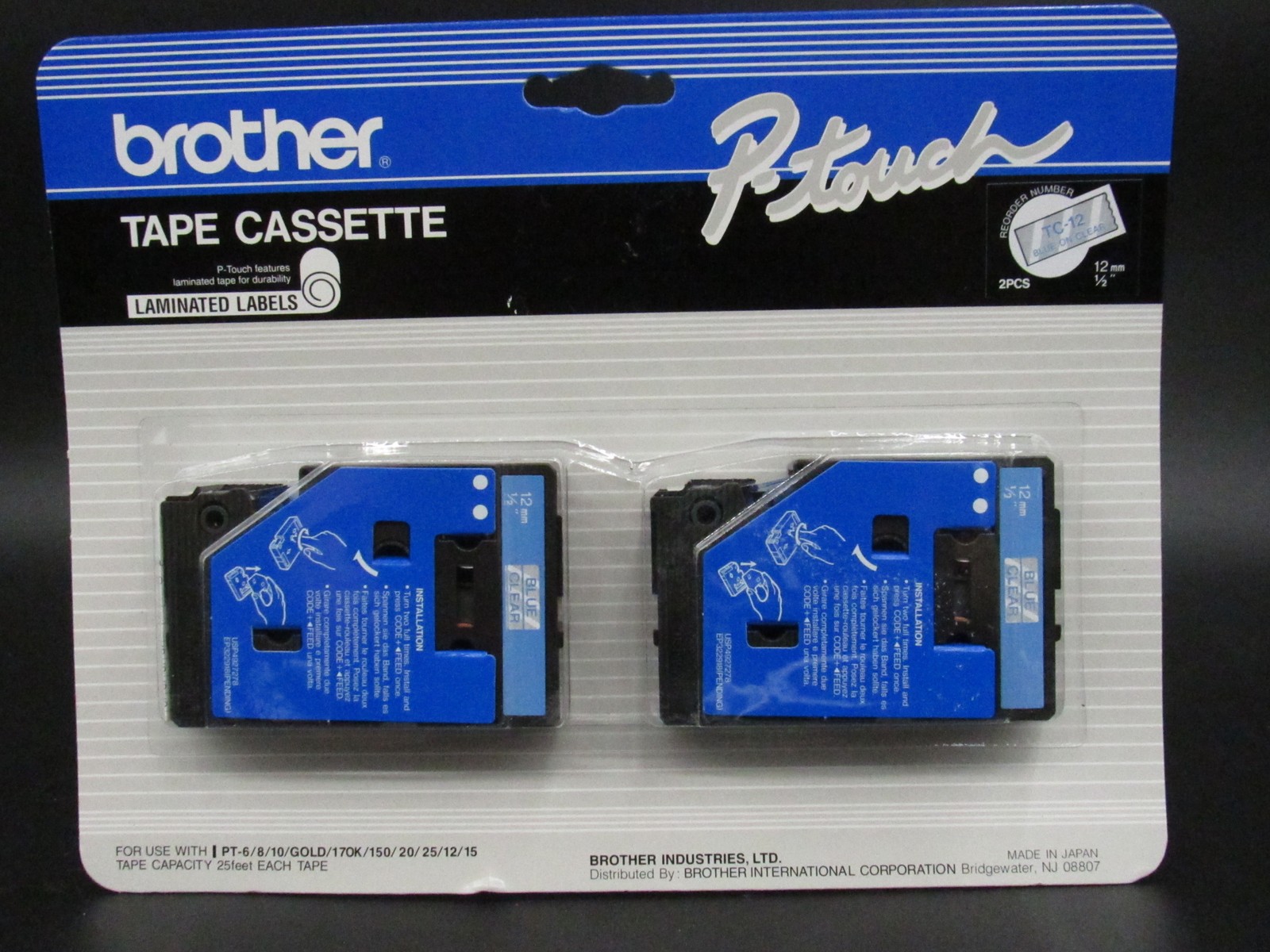 Brother P-Touch TC-12 Laminated Label Tape Cassette Blue on Clear 12mm 2-Pack