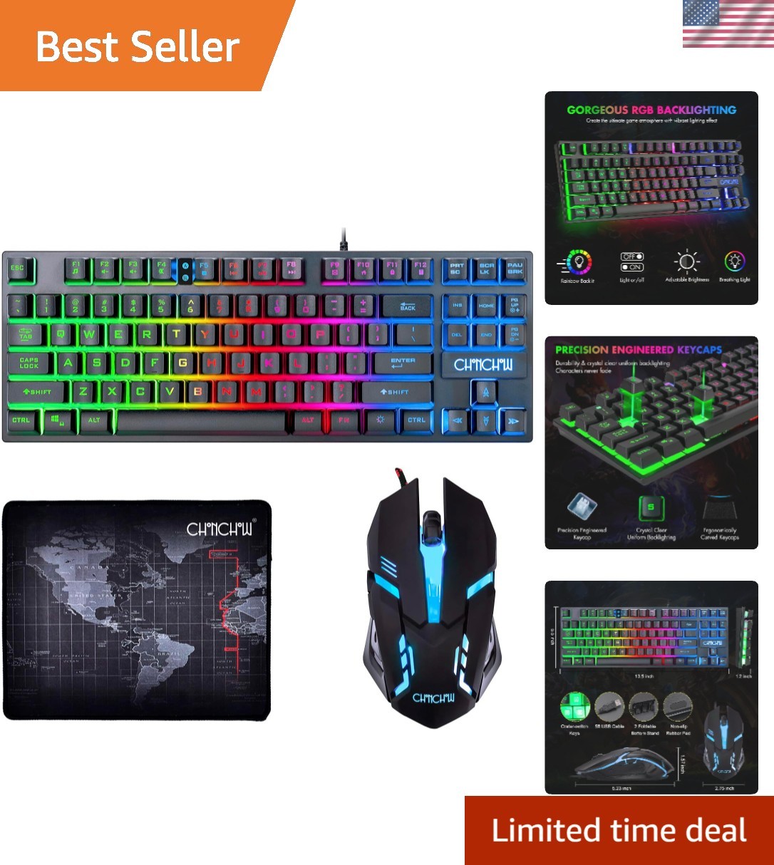 Enhanced Gaming Experience: 87-Key RGB Backlit Keyboard & Gaming Mouse
