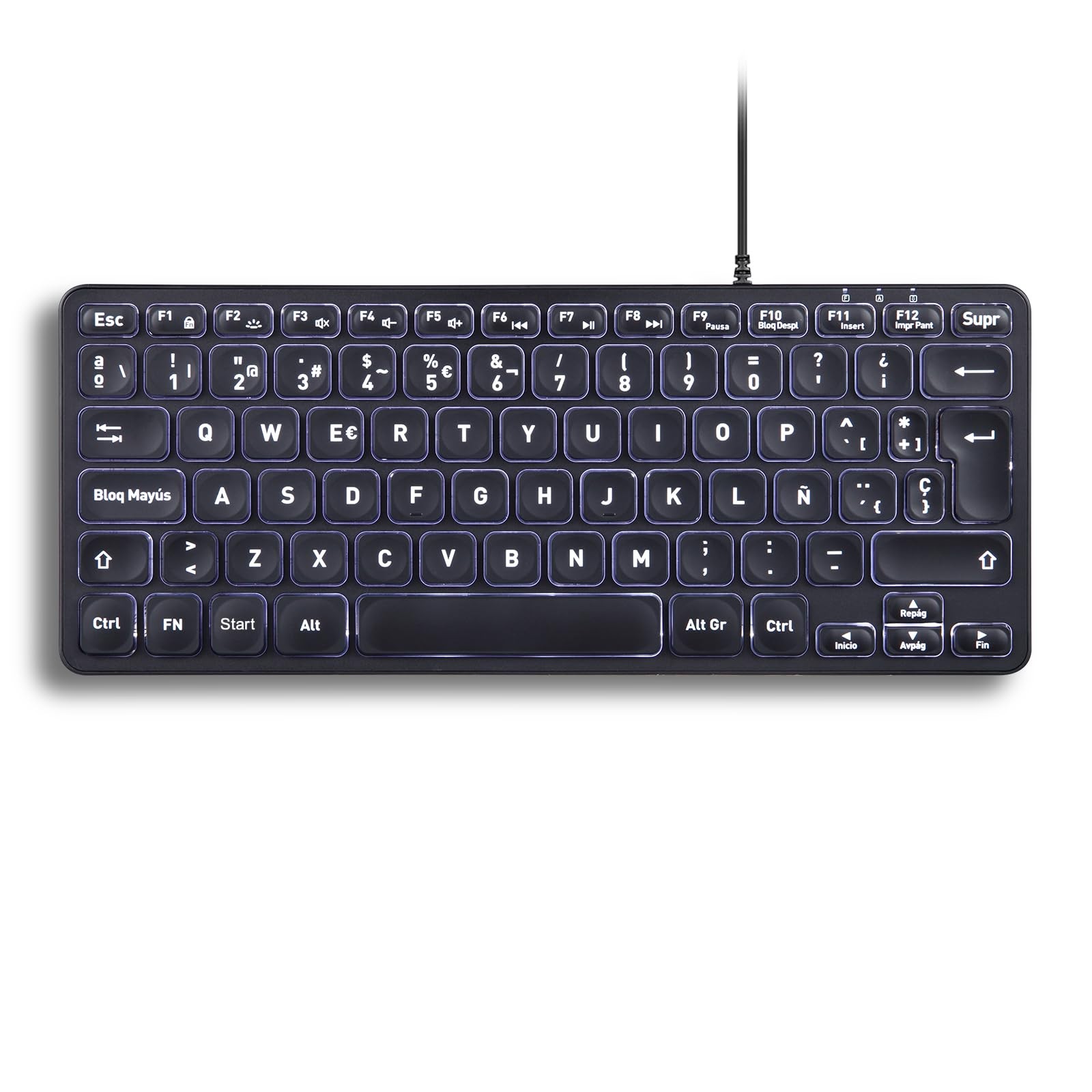 PERIBOARD332 Teclado Mini USB Retroiluminado con Cable QWERTY Espanol Negro