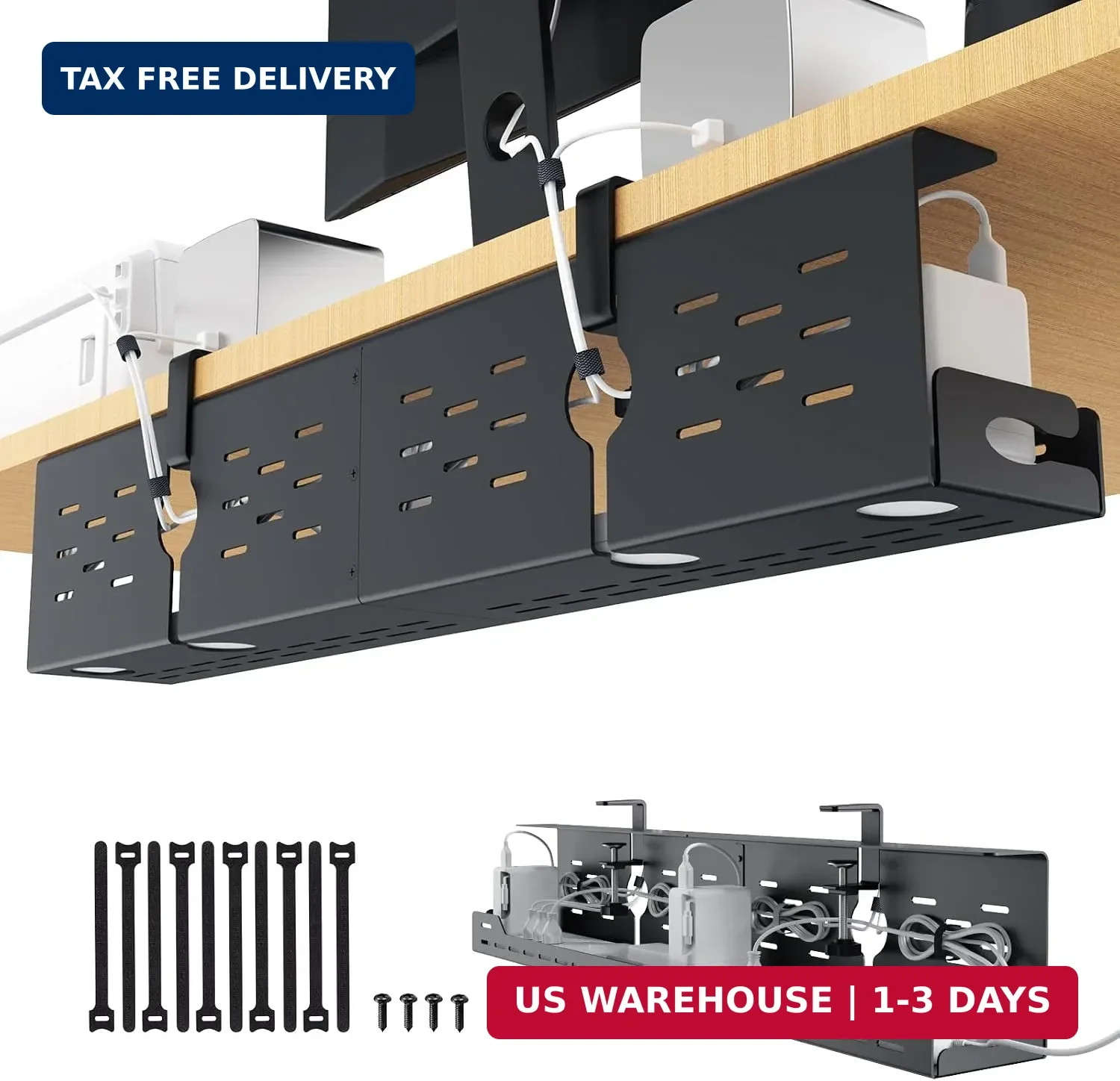 Univivi Under Desk Cable Management Tray, Cable Management, 32 inch, Black