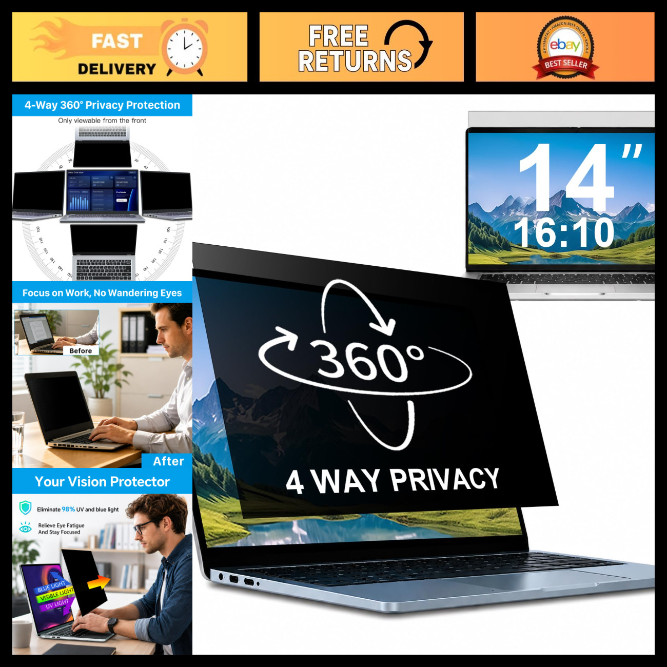 360° Laptop Privacy Screen Protector 14" 16:10 Ratio (1920x1200) Anti-Glare Filt