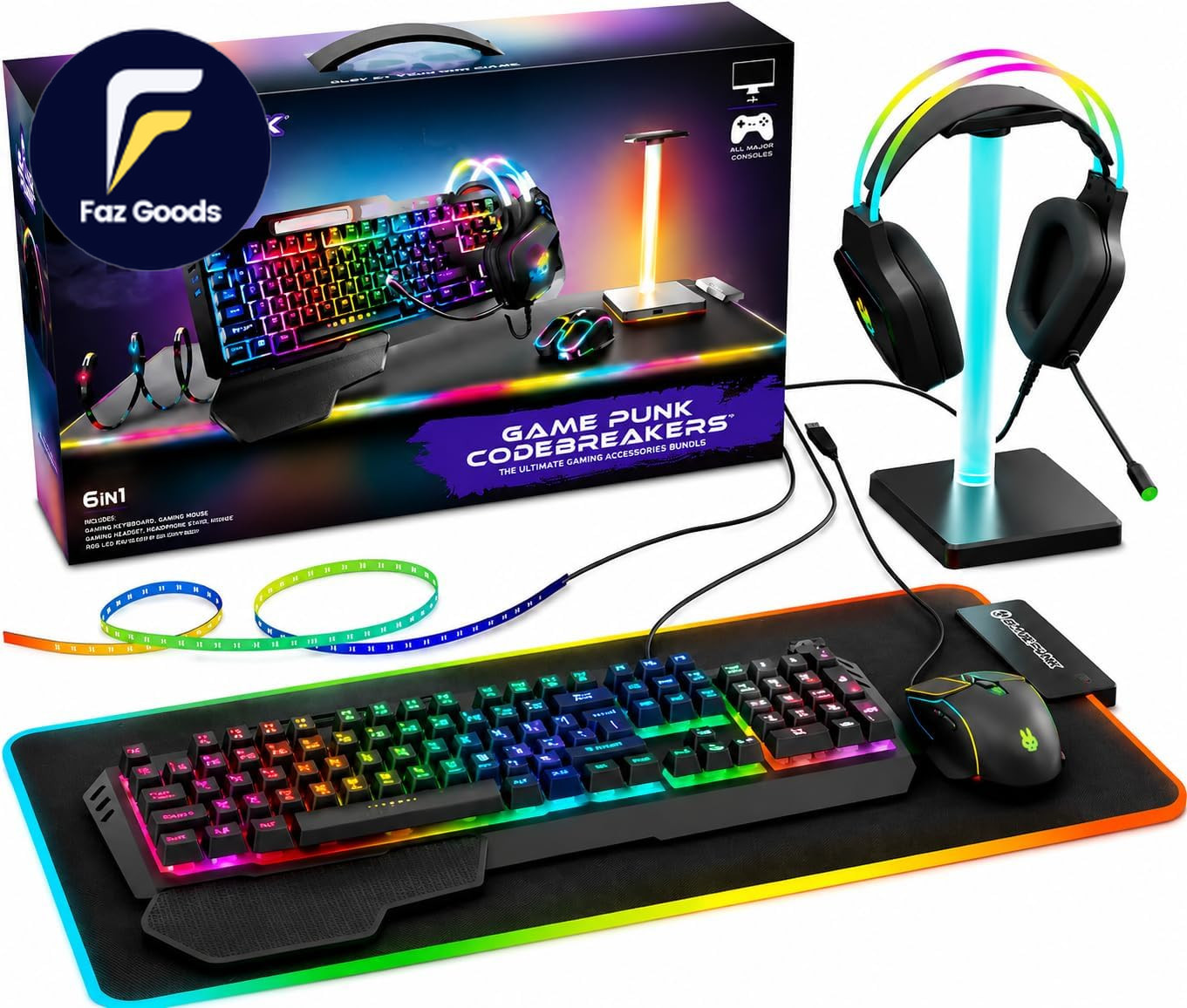 6-PC Wired RGB Mechanical Keyboard Mouse & Pad Headset W/Stand Light