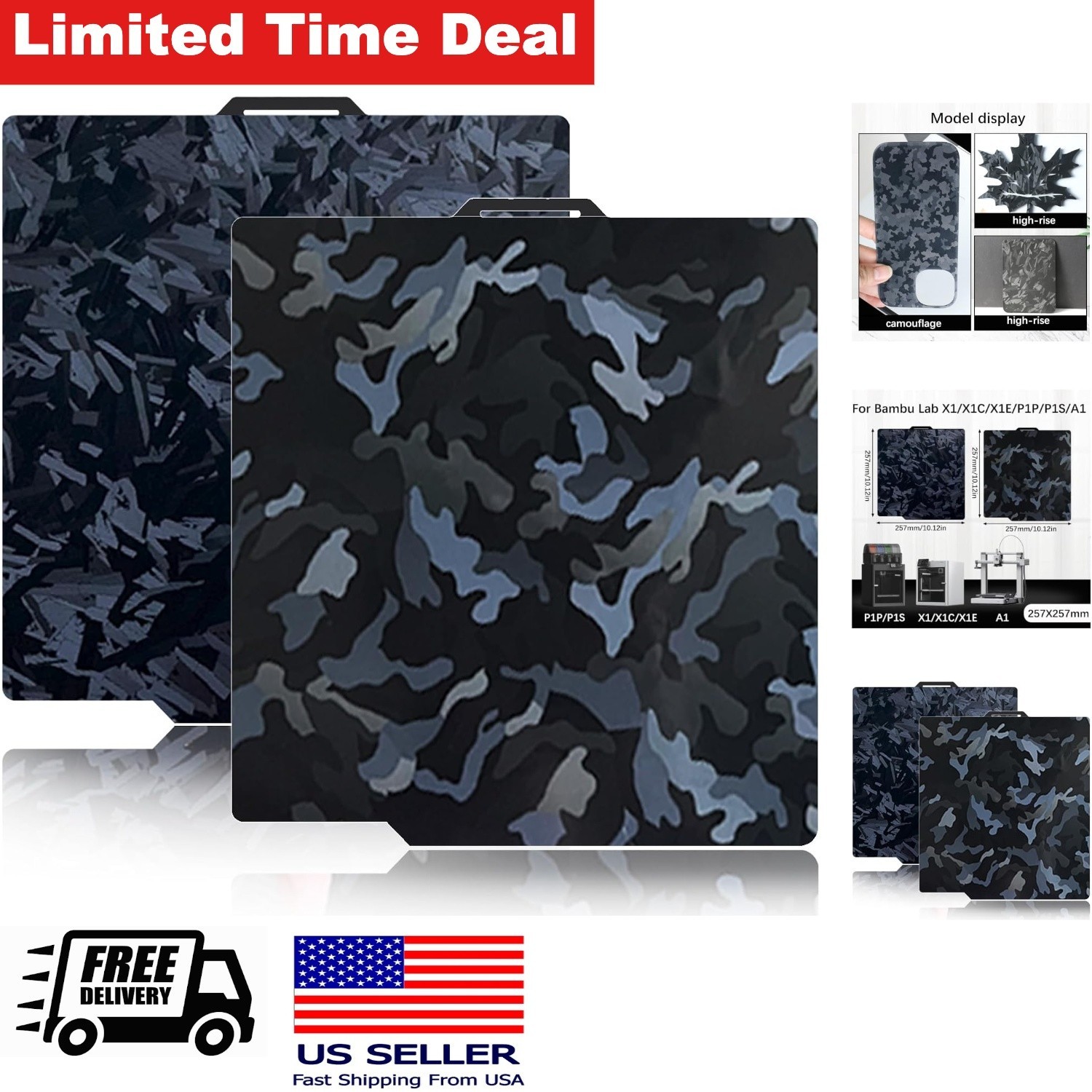 257x257mm Double Sided Build Plate for Bambu Lab 3D Printers High Rise Camouflag