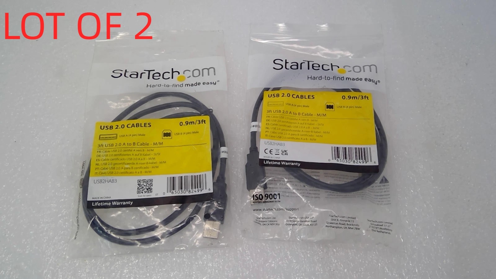 LOT OF 2 StarTech USB2HAB3 3ft USB 2.0 A to B Cable MALE/MALE Printer Cable