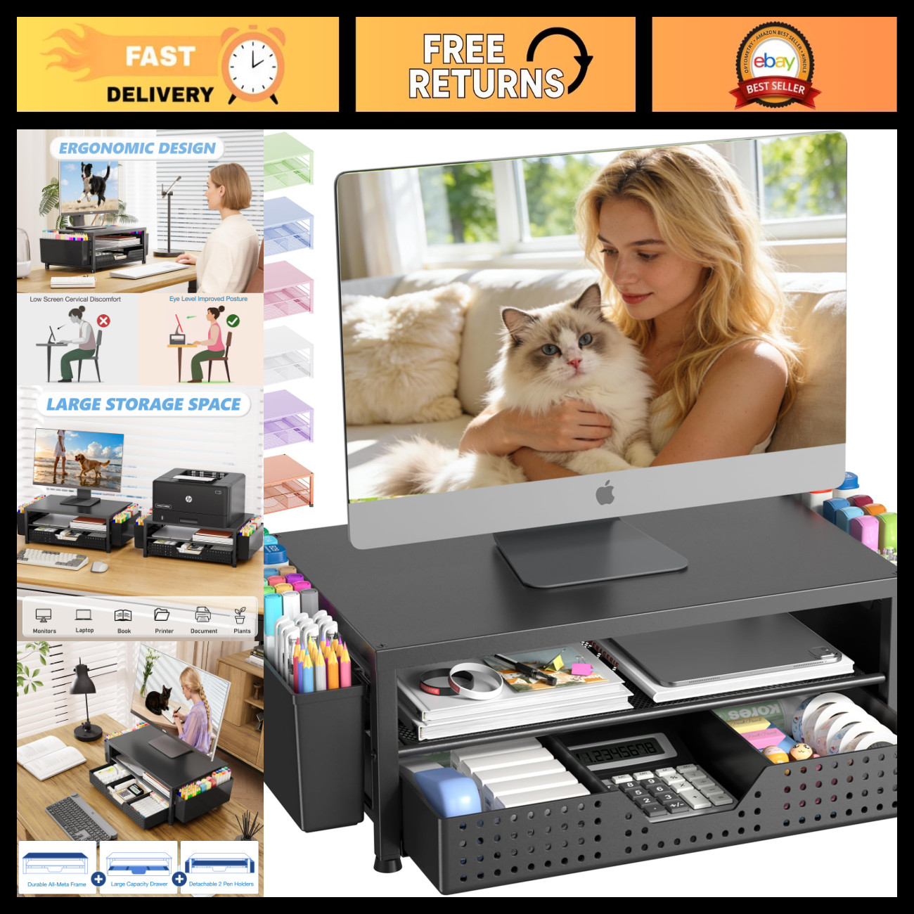 Desk Organizer with Monitor Stand Riser, Drawer & 2 Pen Holders - Office Supplie