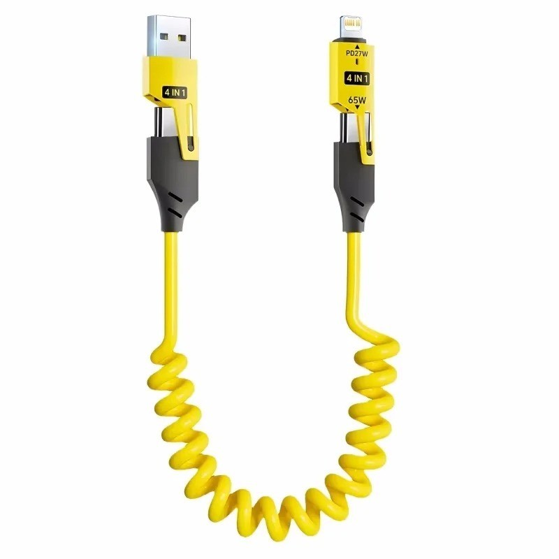 4 in 1 65W Spring Short Data Cable 6A USB Type C Spring Telescopic Quick Charger