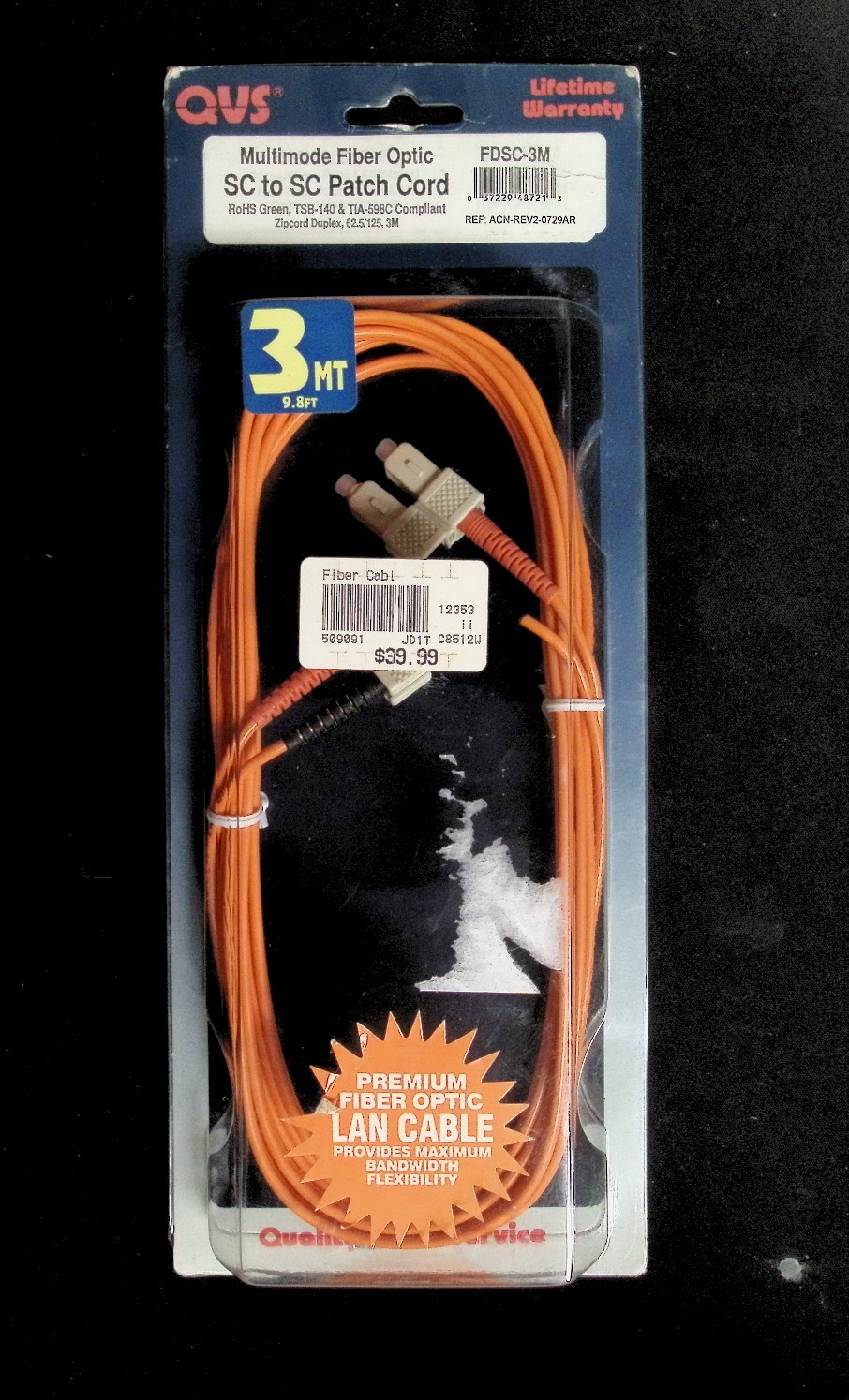 QVS Multimode Fiber Optic SC to SC Patch Cord (Model: FDSC-3M)