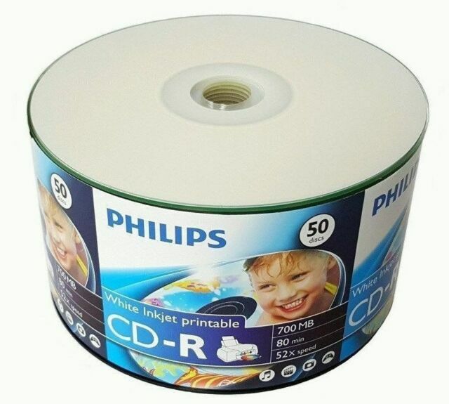50 PHILIPS Blank 52X CD-R CDR 700MB White Inkjet Hub Printable Media Disc