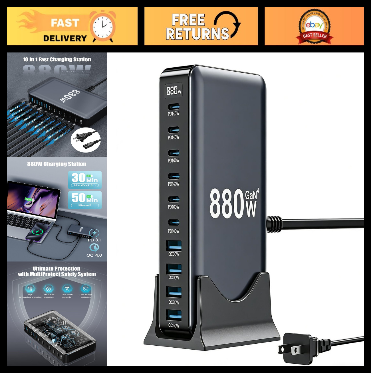 880W USB C Charger Block - 10-Port GaN IV Fast Charging Station for Laptops & De