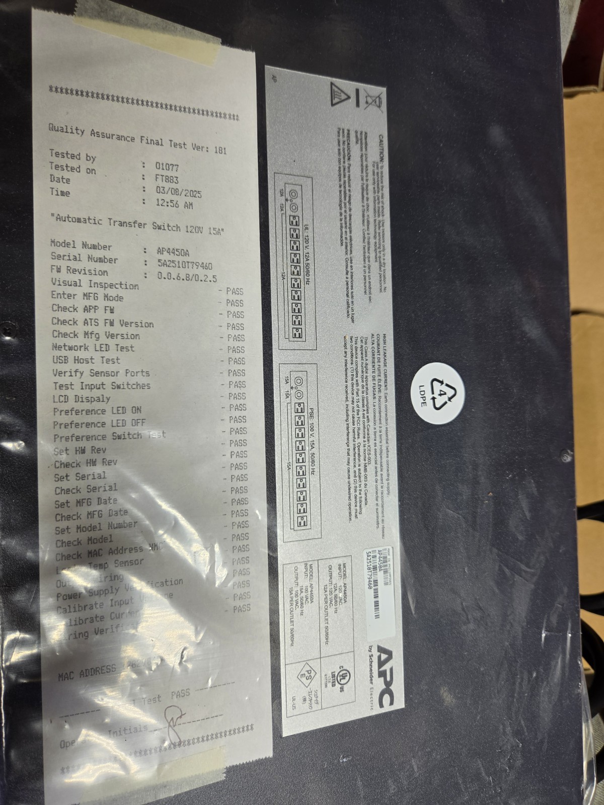 NetShelter Rack Automatic Transfer Switch (ATS) Model AP4450A