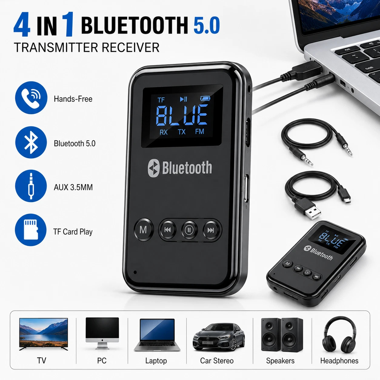 USB Bluetooth 5.0 Transmitter Receiver 4in1 Wireless Audio 3.5mm Aux Car Adapter