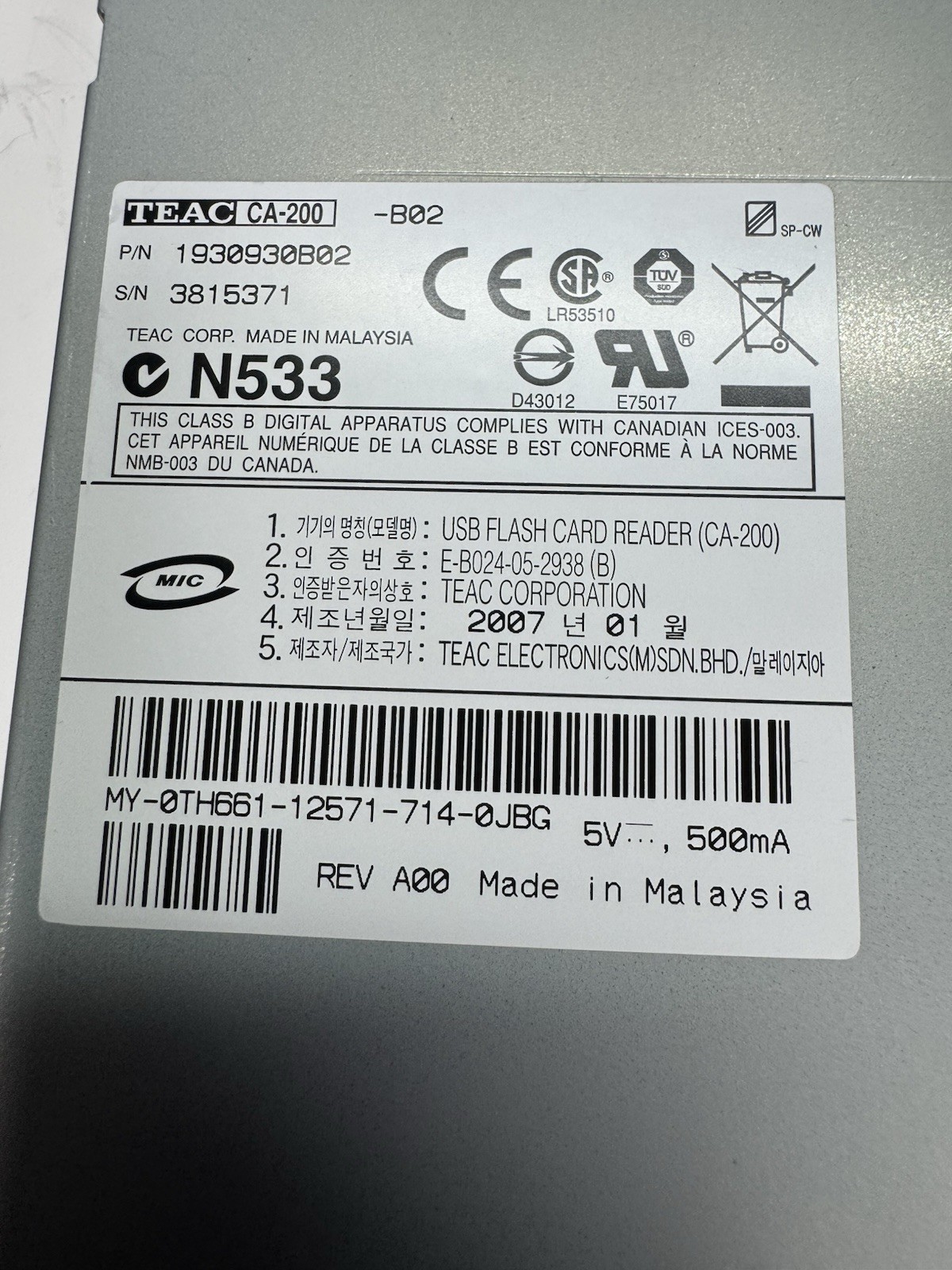 TEAC CA-200 Multi Card Reader USB 3.5" Internal SD CF MS xD Dell 0TH661 19-in-1