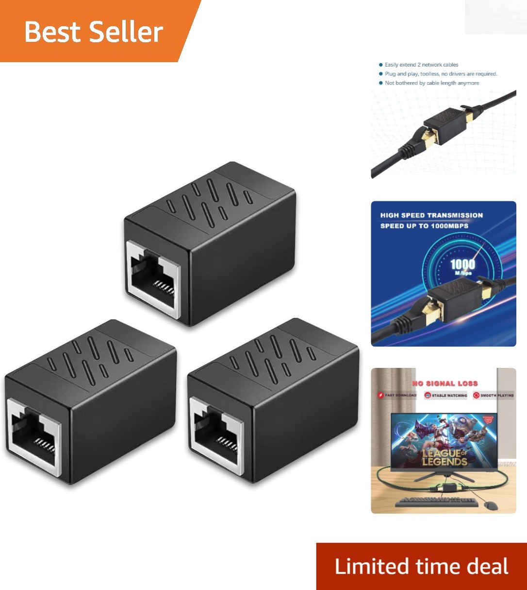 Extend Your Network with 3 Pack  RJ45 Ethernet Couplers - 328ft Range