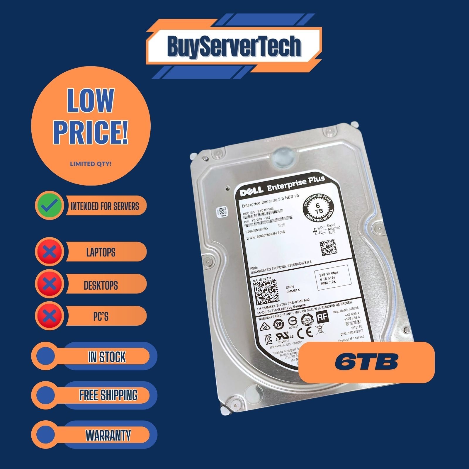Dell 0MM81X 6TB Internal 7.2K RPM SAS 12Gbps 3.5'' (ST6000NM0095) Hard Drive