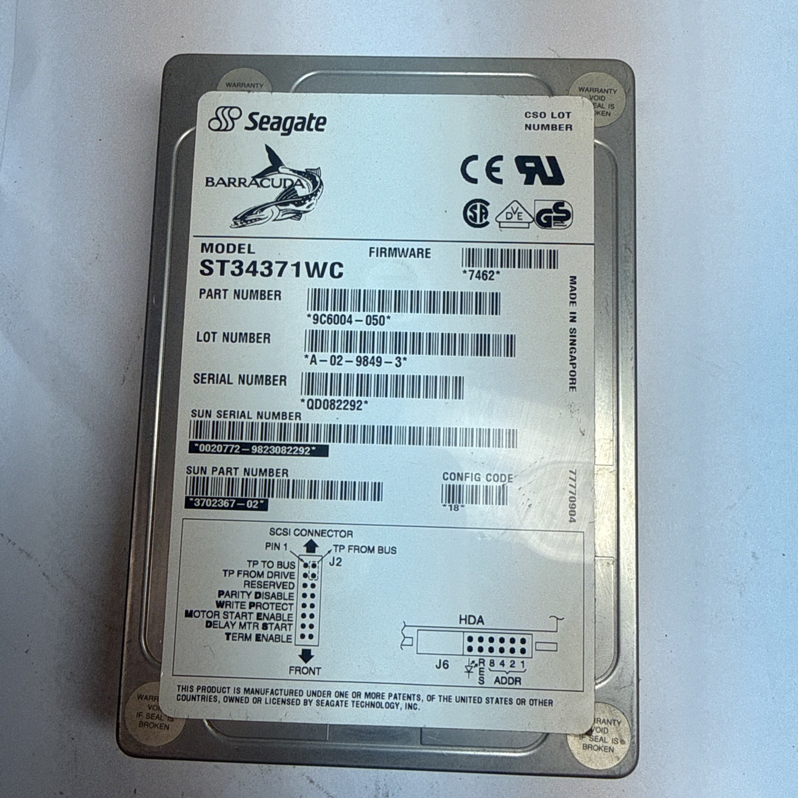 Seagate Barracuda Hard Drive Model ST34371WC - Untested