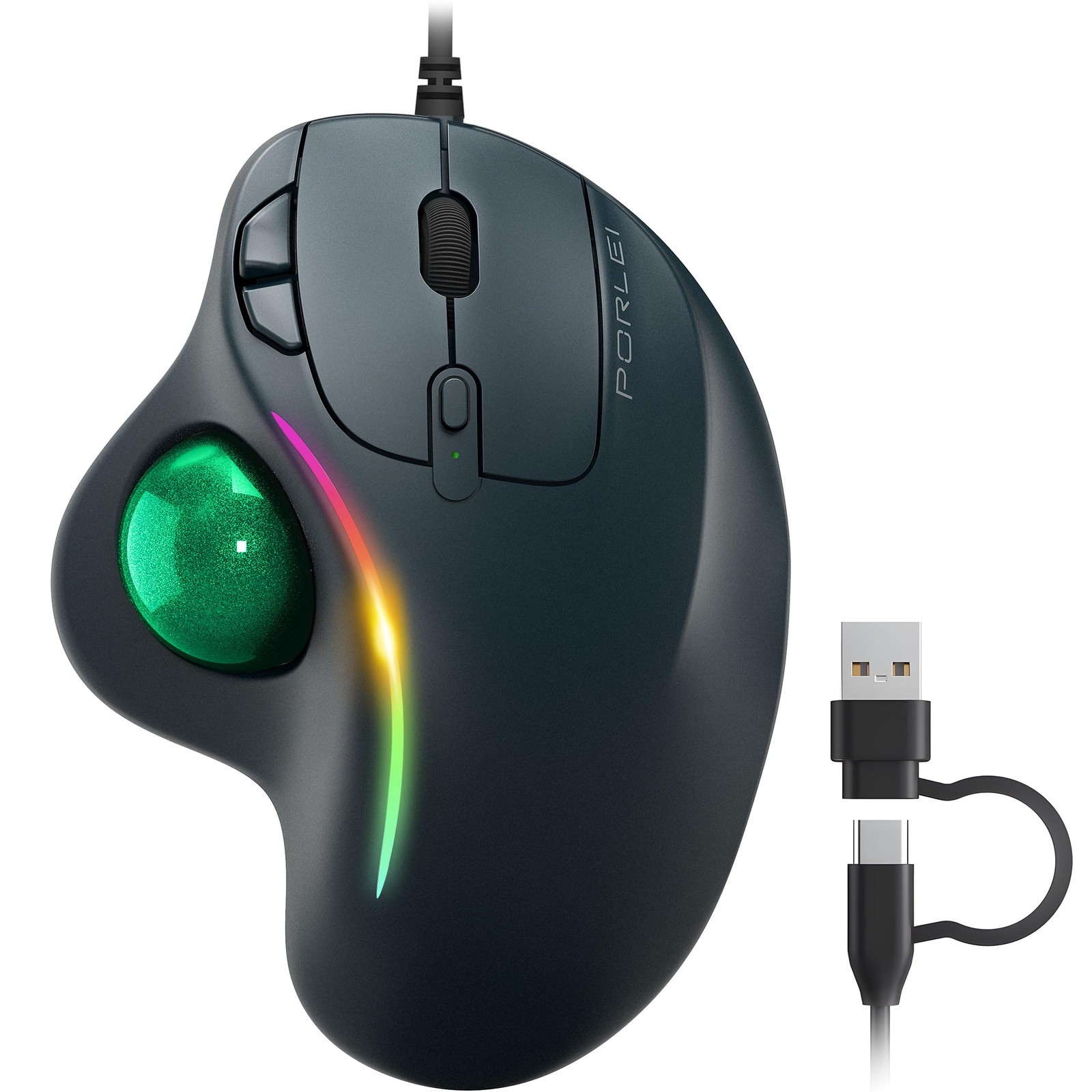 Wired Ergonomic Trackball Mouse, 34mm Thumb Control, RGB Lighting