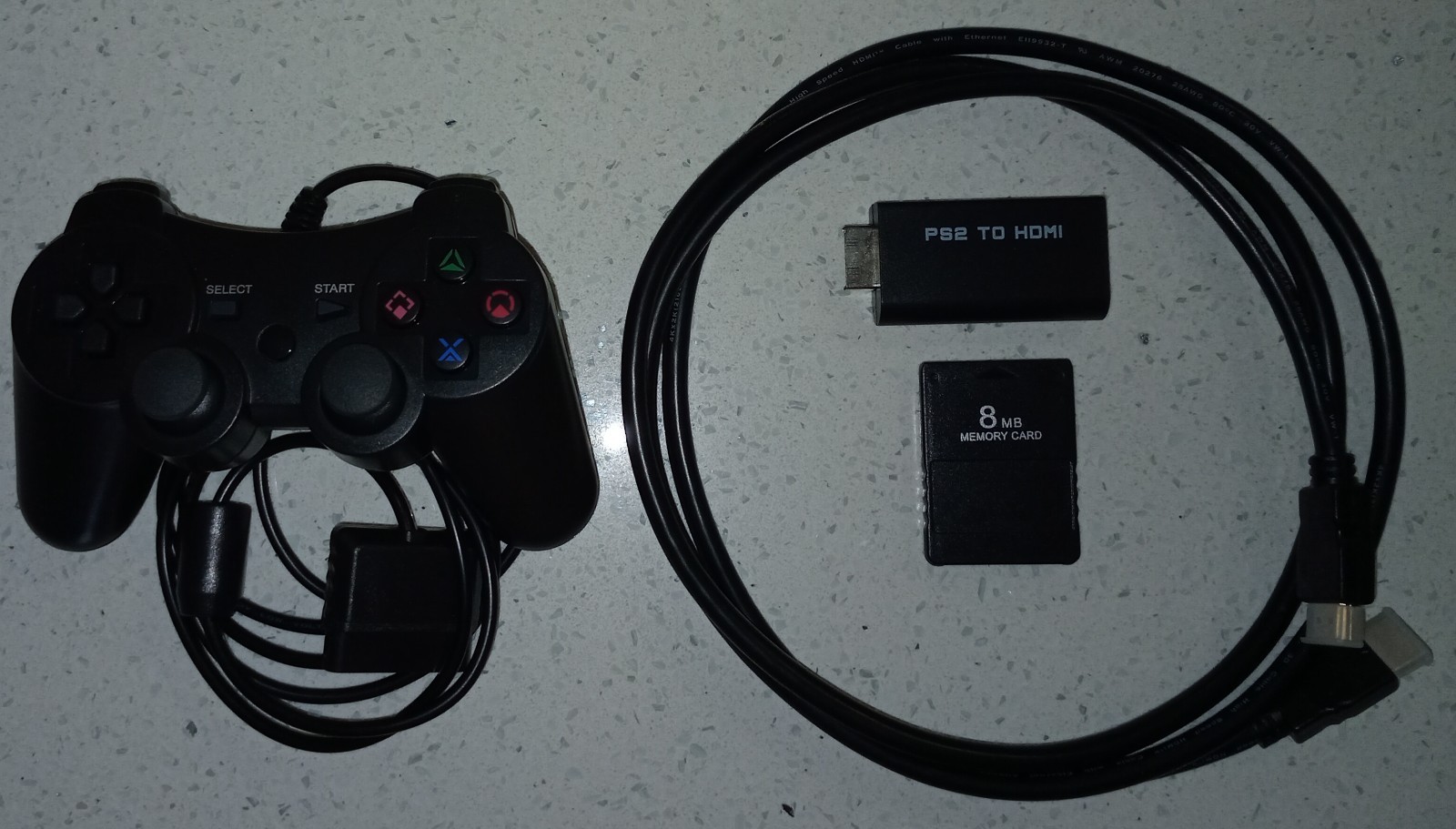 Sony Playstation 2 lot, ALL NEW- controller, memory card, PS2 to HDMI Adapter