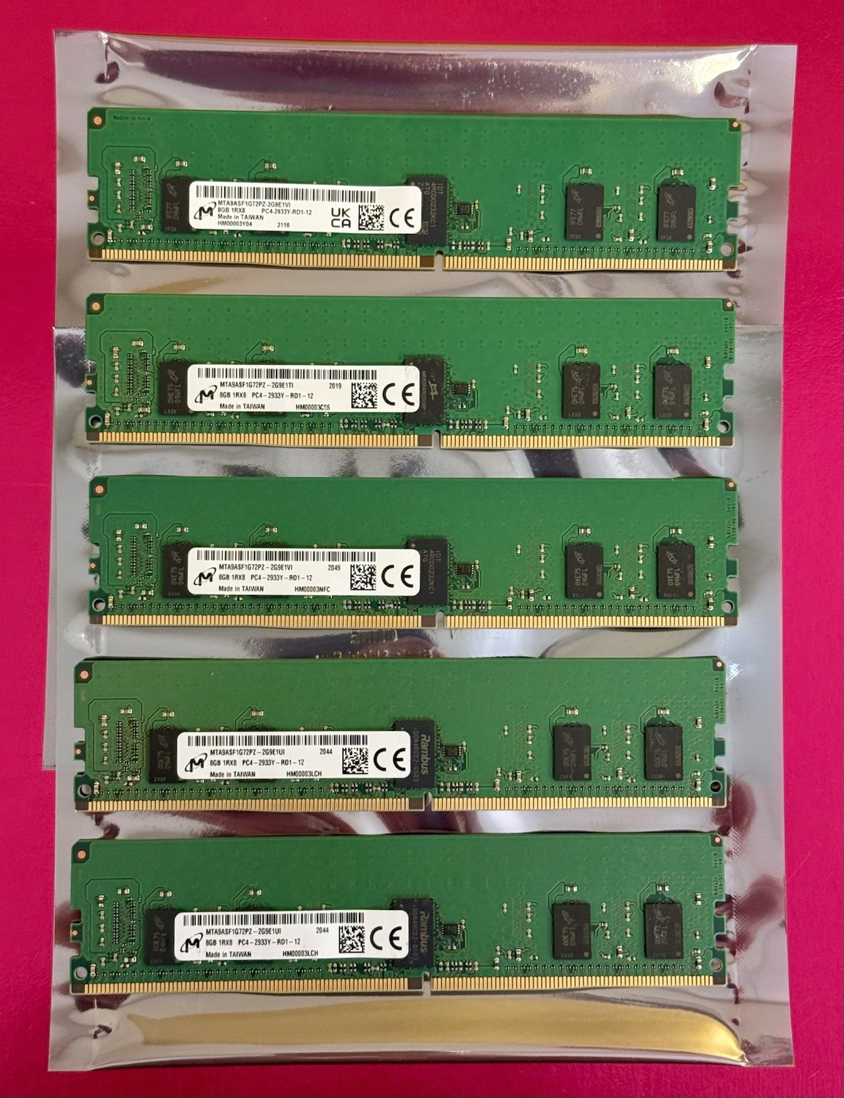 5x Micron 8GB 1Rx8 PC4-2933Y-RDI-12  Memory MTA9ASF1G72PZ-2G9E1UI / UNTESTED