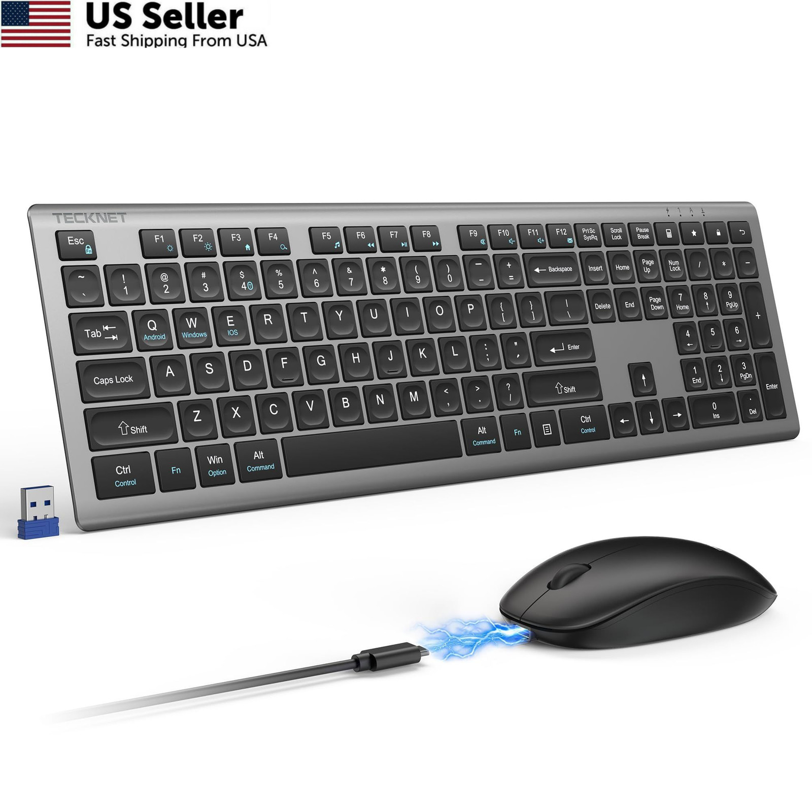 TECKNET 2.4G Rechargeable Ultra-Slim Wireless Keyboard and Mouse Combo Gray
