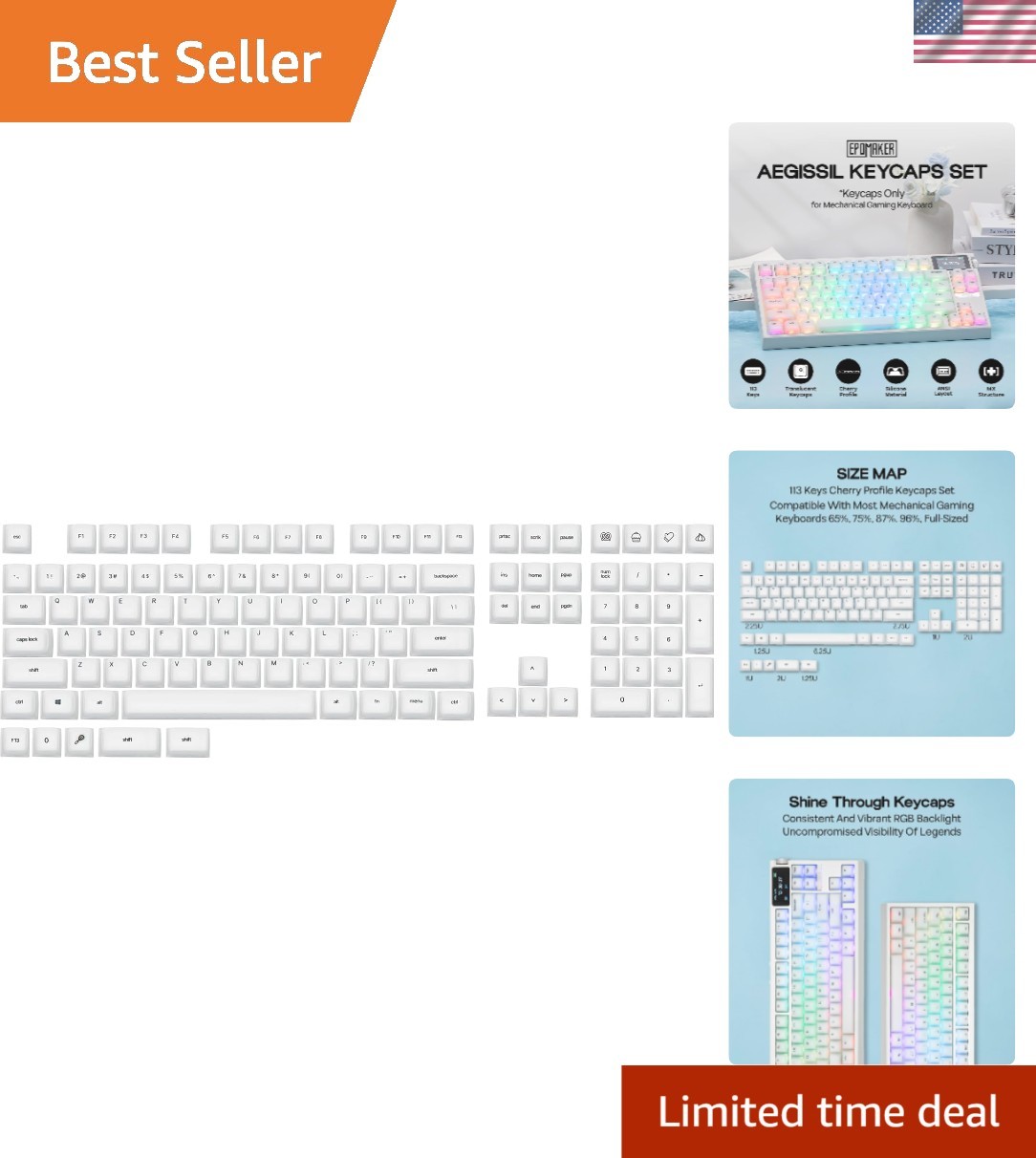 AegisSil Durable Silicone Keycap Set - 113 Keys for Cherry MX & Gaming Keyboards