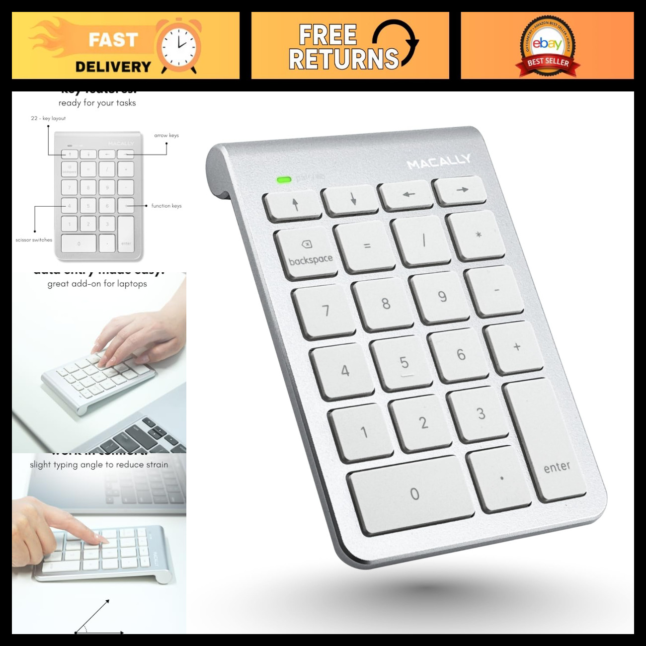 Wireless Bluetooth Numeric Keypad - 22-Key Numpad for Laptop, PC, Mac, iOS, Andr