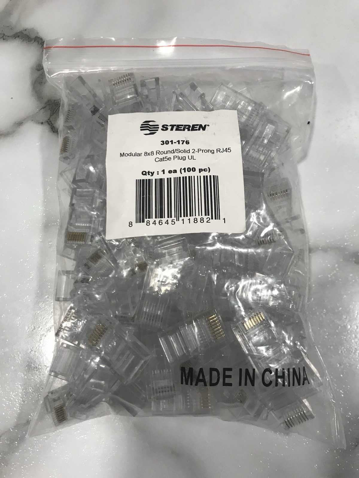 RJ45 Cat5e Plug UL Steren 301-176 Modular 8x8 Round/Solid 2-Prong  (100ct Bag)
