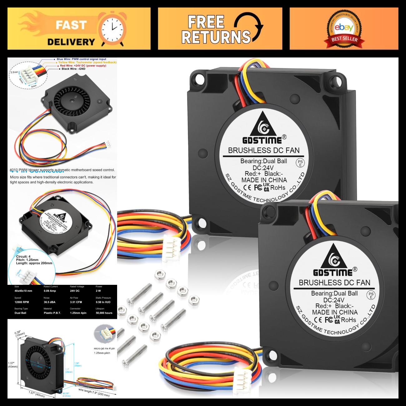 High-Speed 24V PWM Blower Fan 12000 RPM 4-Pin Dual Ball Bearing - 2-Pack