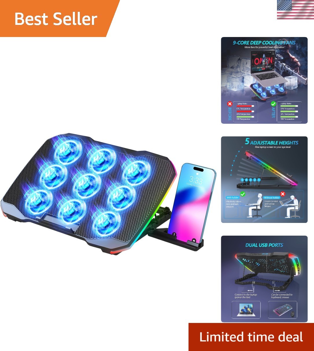 Adjustable Laptop Cooling Pad for 12-17 Inch Devices with Anti-Slip Support