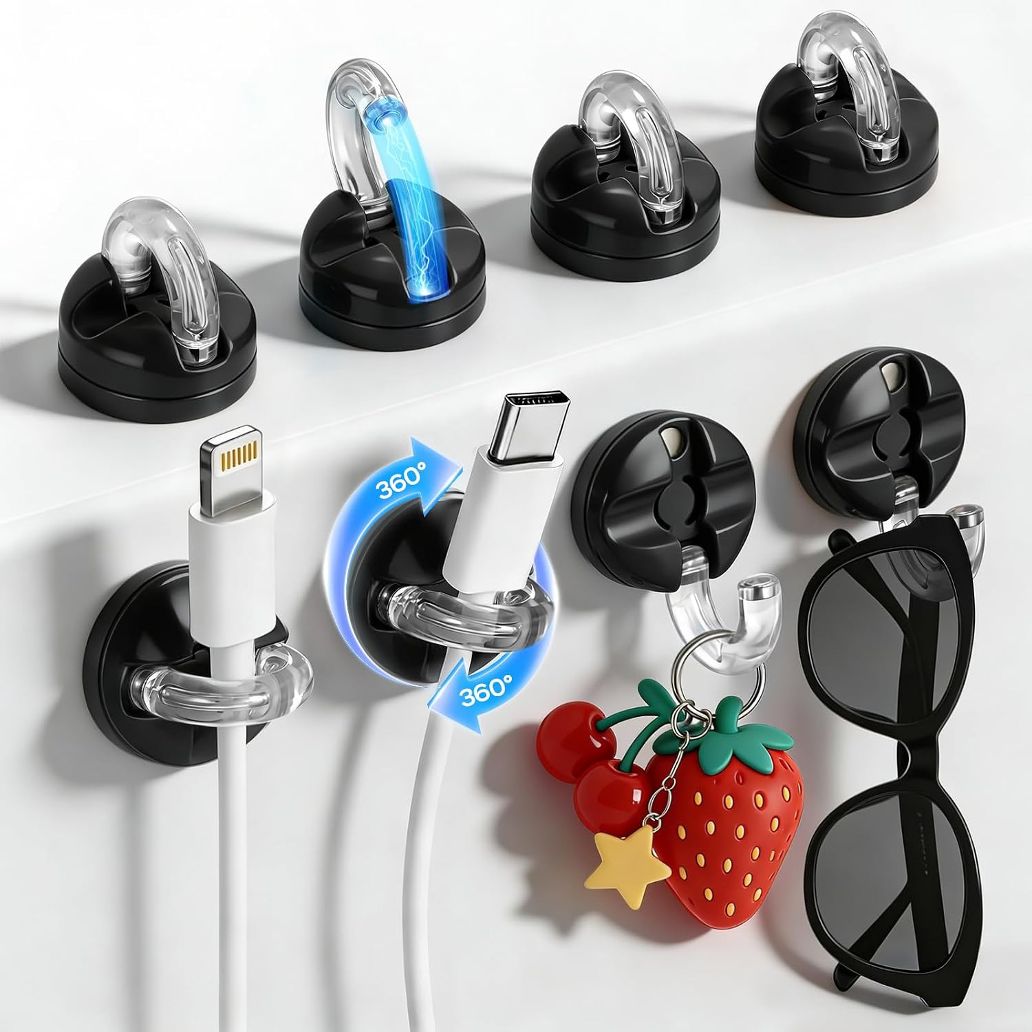 8 Pack Magnetic Cable Clips 360° Rotating Adhesive Cord Holder Desk Organizer