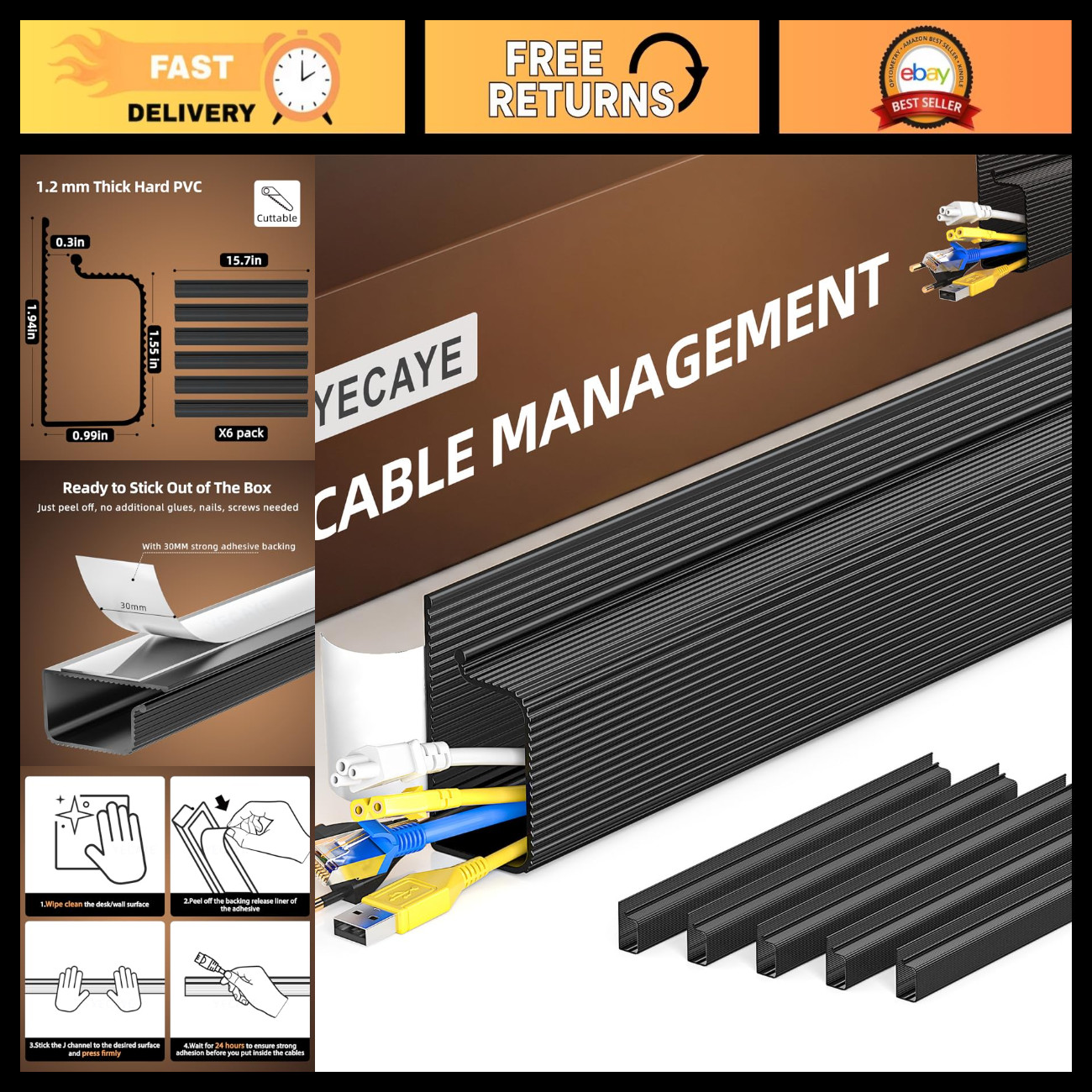Cable Management Sleeve, 6 Pack, Black - Tangle-Free Organizer for Cables