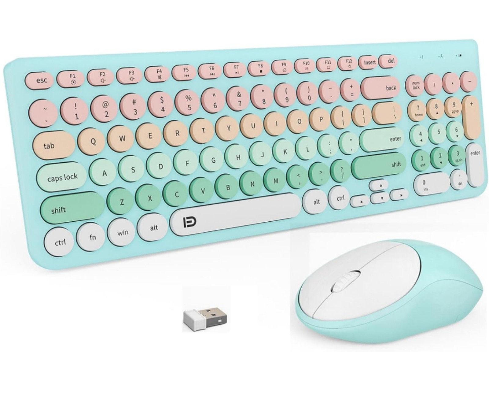 FD Wireless Keyboard and Mouse Combo - 2.4GHz USB Cordless, Cute Round Keys, and