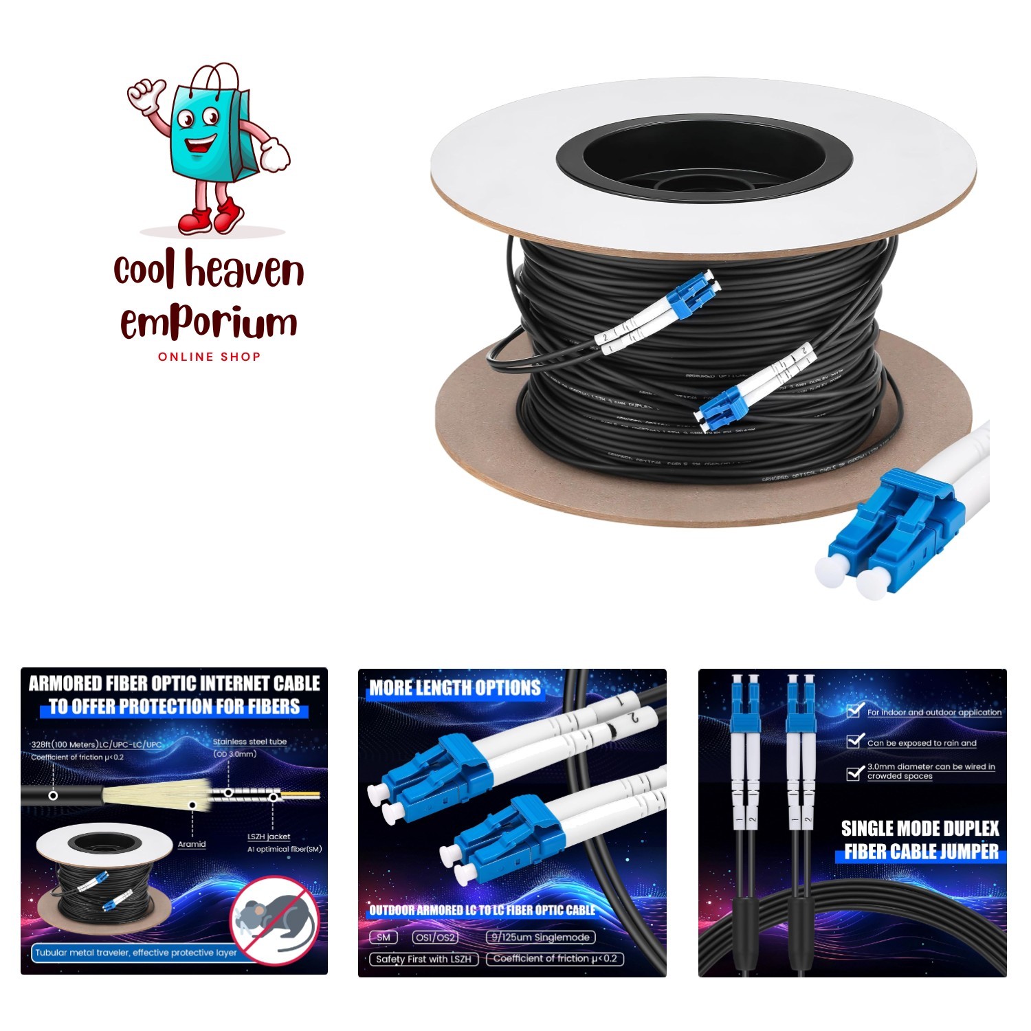 330ft 100 Meters Fiber Lc to Lc Outdoor Armored Fiber Optic Internet Cable 9/...