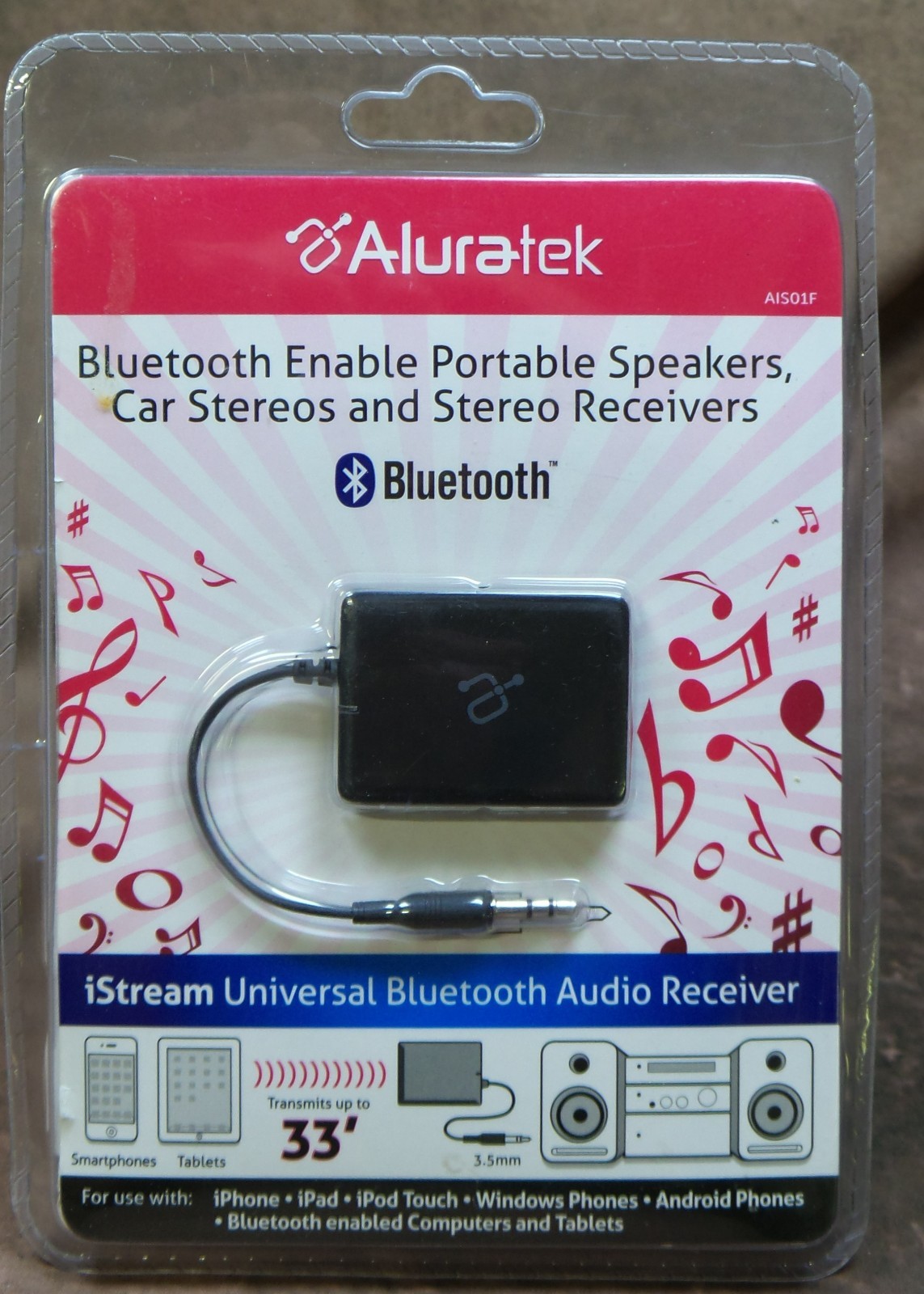 Aluratek iStream Universal  Bluetooth Audio Receiver AIS01F Wireless 3.5mm Jack