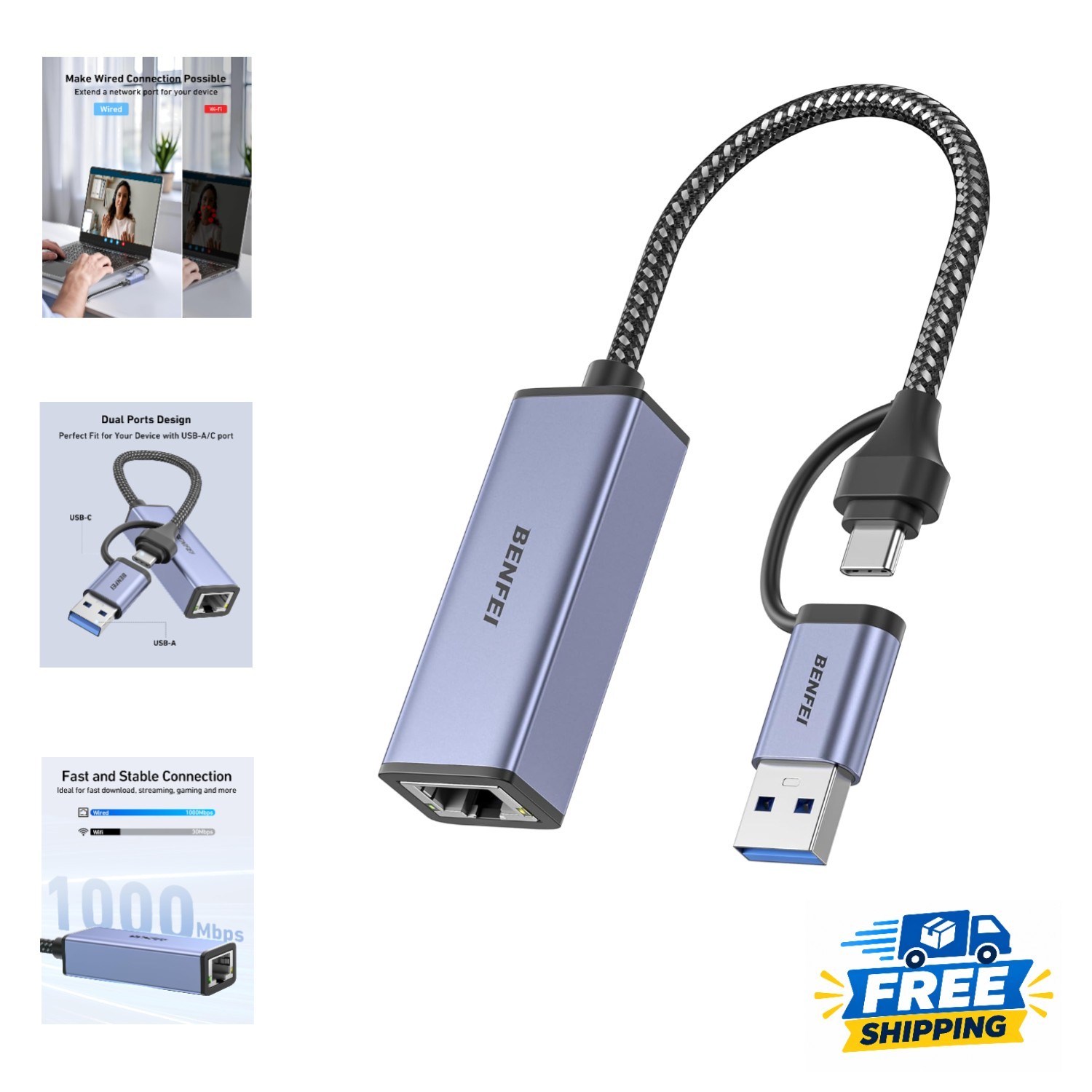 Compact USB C to RJ45 Ethernet Adapter - 1000Mbps for Stable Connectivity