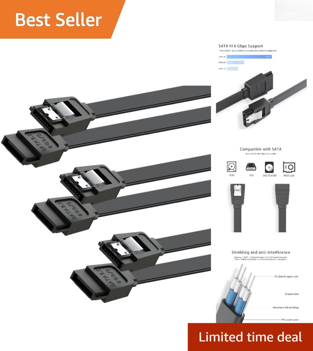 Hi-Speed SATA Data Cable III for SSD HDD, 6Gbps Straight Angle, 15 Inch - 3 Pack