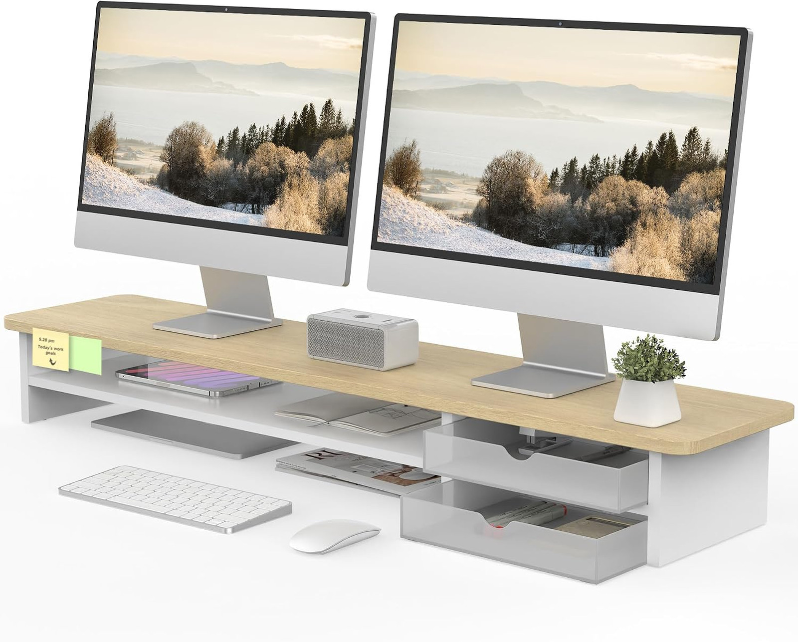 Monitor Stand, Desk Riser with Frosted Acrylic Drawers, Oak, Supports Dual