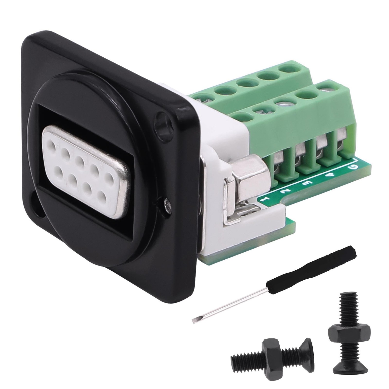 DB9 Solderless Terminal Connector Panel Mount Adapter RS232 Breakout Board Black
