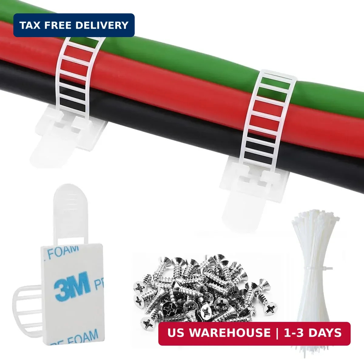 50Pcs Adhesive Cable Management Clips with 50Pcs Zip Ties, Adjustable Nylon Cabl