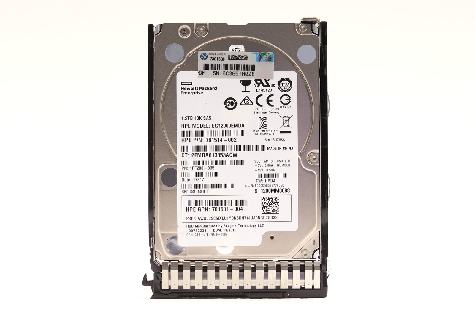 HPE EG1200JEMDA 1.2TB 2.5" 12Gb/s 10K RPM SAS Hard Drive W/Caddy P/N: 781581-004