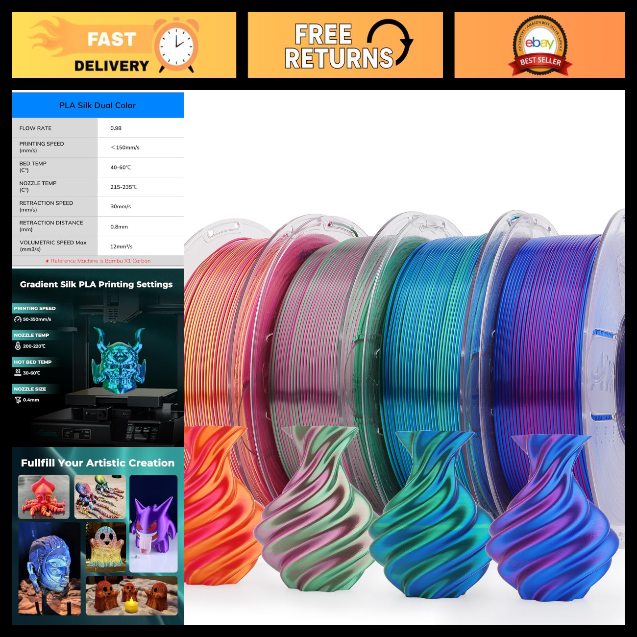 Dual Color Silk PLA 3D Printer Filament Bundle - 1.75mm, 4 Spools, 1KG Each