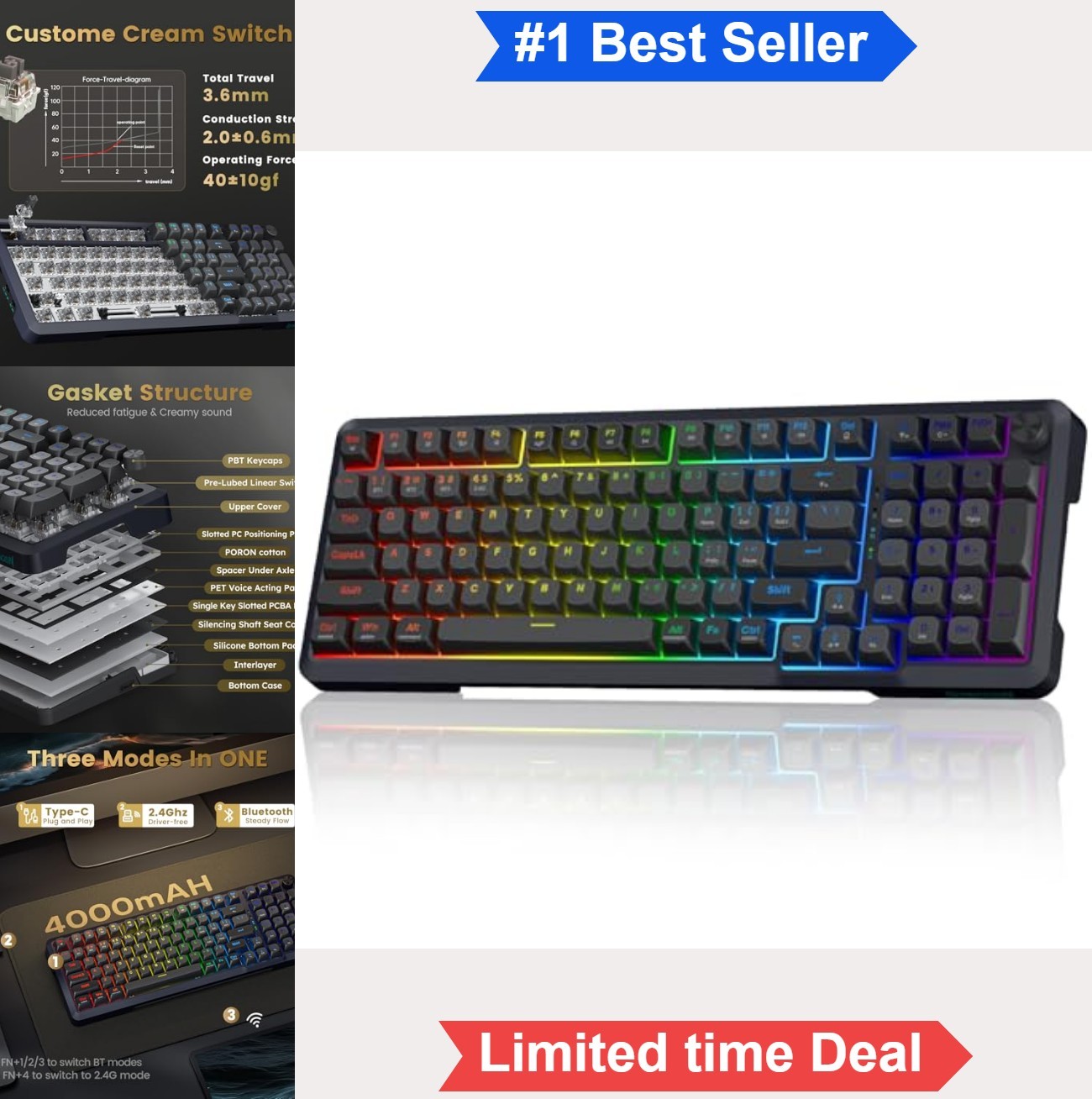 Wireless Mechanical Gaming Keyboard 98 Key Hot Swappable RGB Gasket Mounted