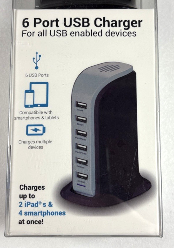 Aduro 6-Port USB Desktop Charging Station Hub Wall Charger Blue