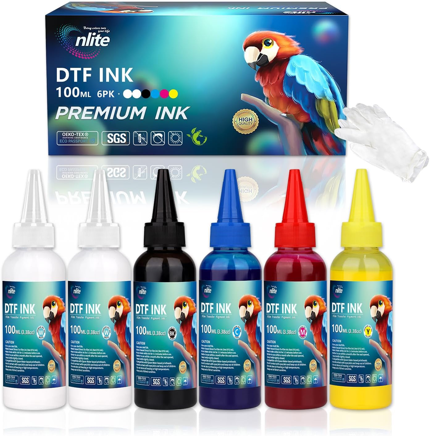 Enlite DTF Ink 100ML Combo Pack, Premium Pigment Ink for PET Film Heat Transfer