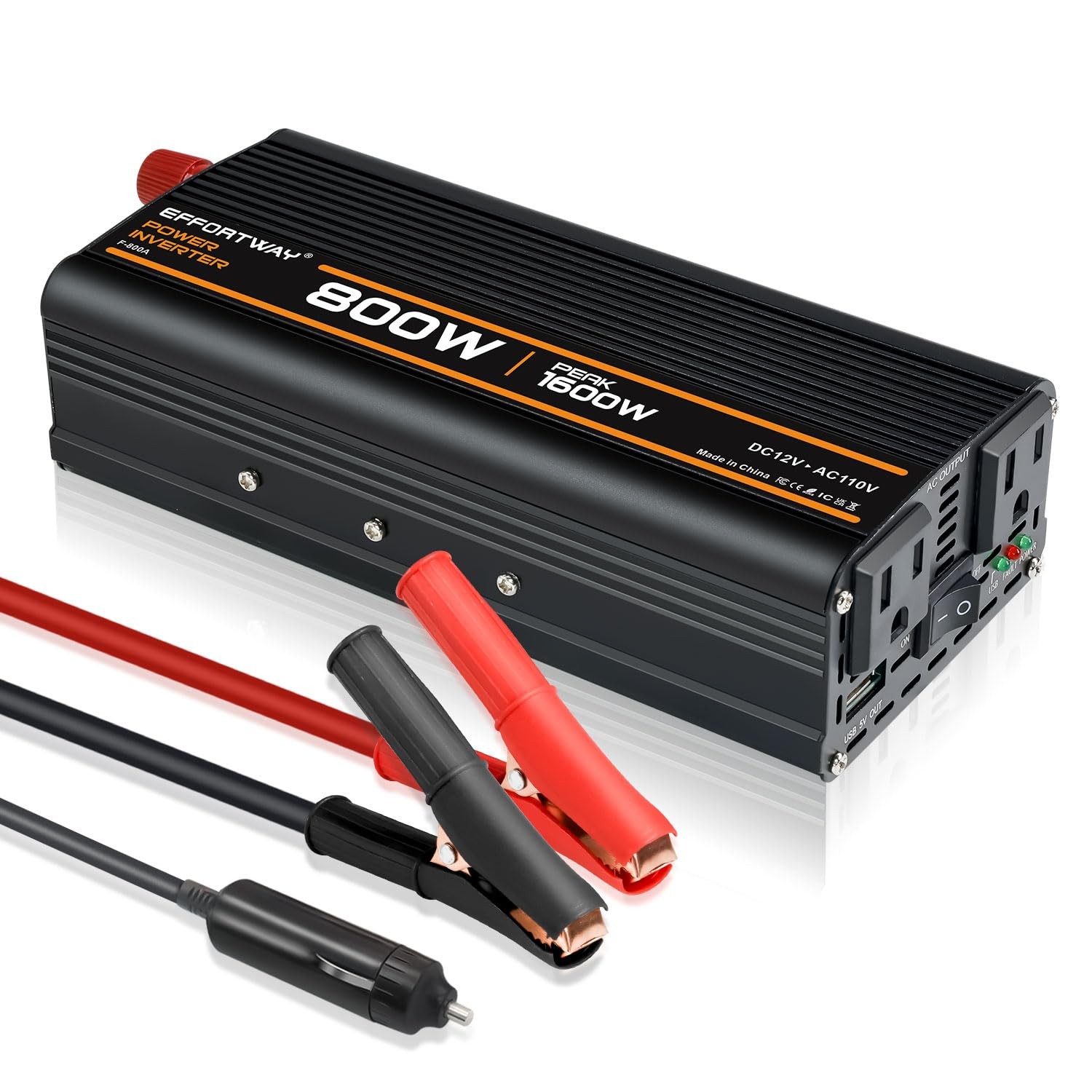 800W Power Inverter, Inverter 12V to 110V with 2 AC Outlets, 2.1A USB Port, C...