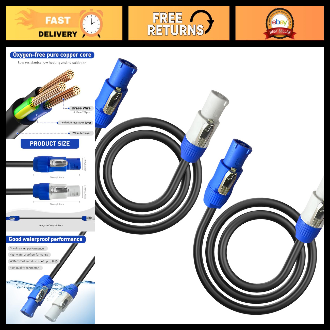 5 Pack 16AWG PowerCon Extension Cables - 3-Pin Power Supply Cords, Durable & Fle