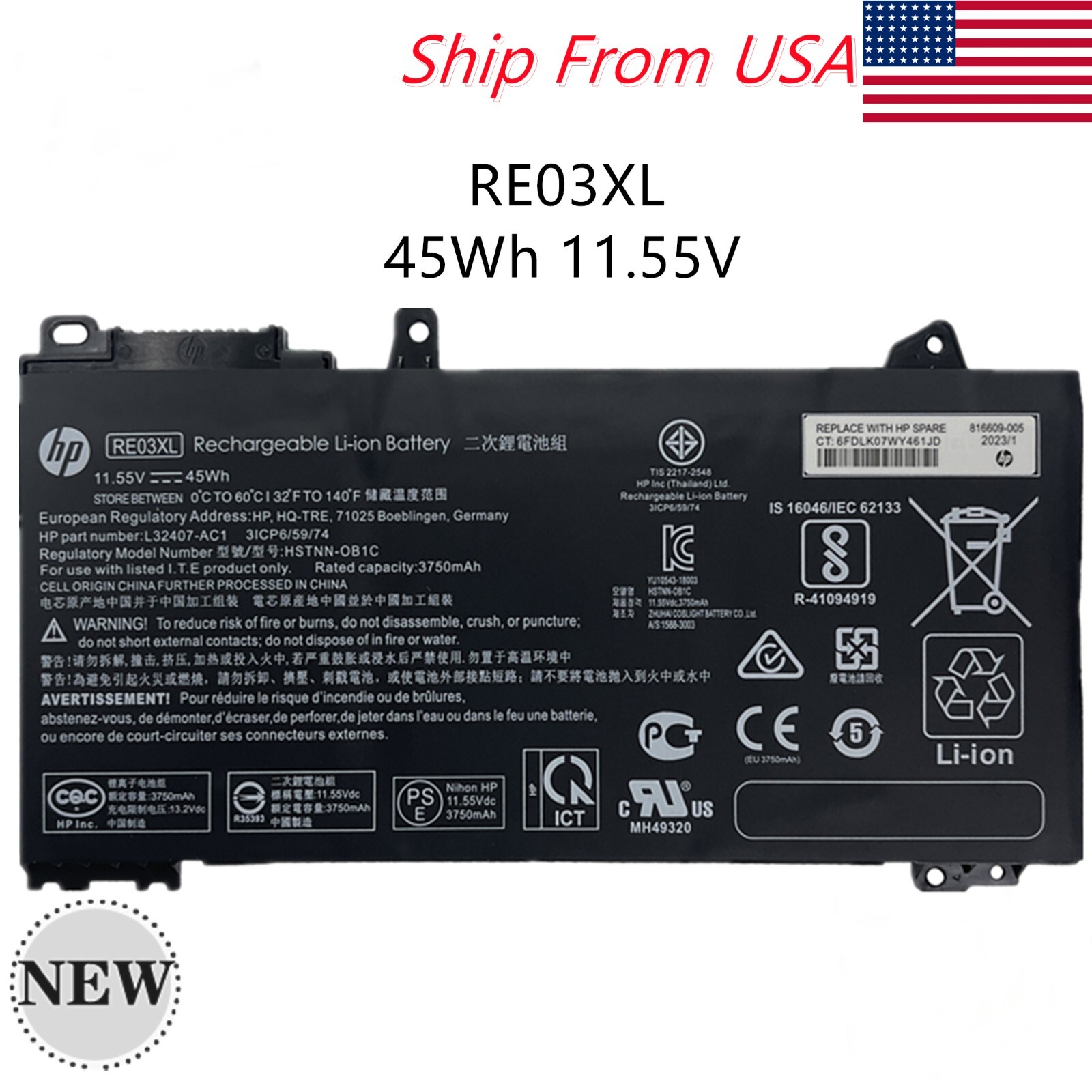 Genuine OEM 45Wh RE03XL Battery For HP ProBook 430 440 450 455R G6 L32656-002