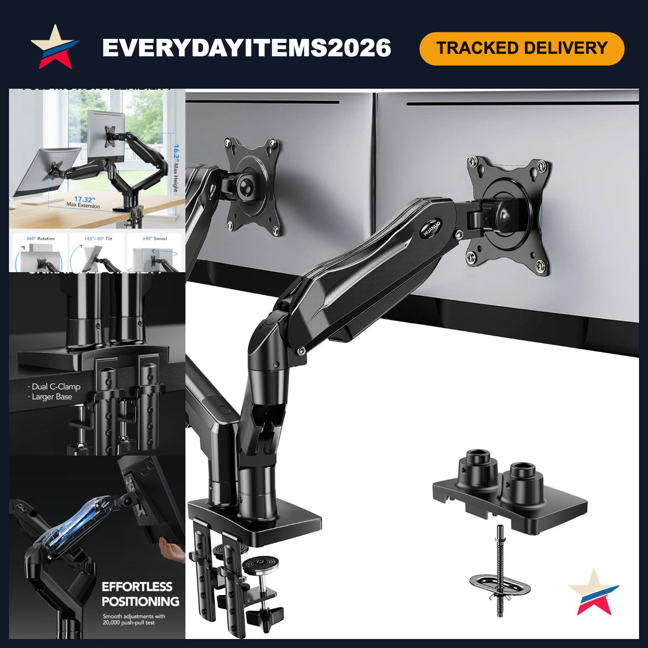 Adjustable Dual Monitor Stand for 13-32" Screens, Full Motion Desk Mount, VESA 7