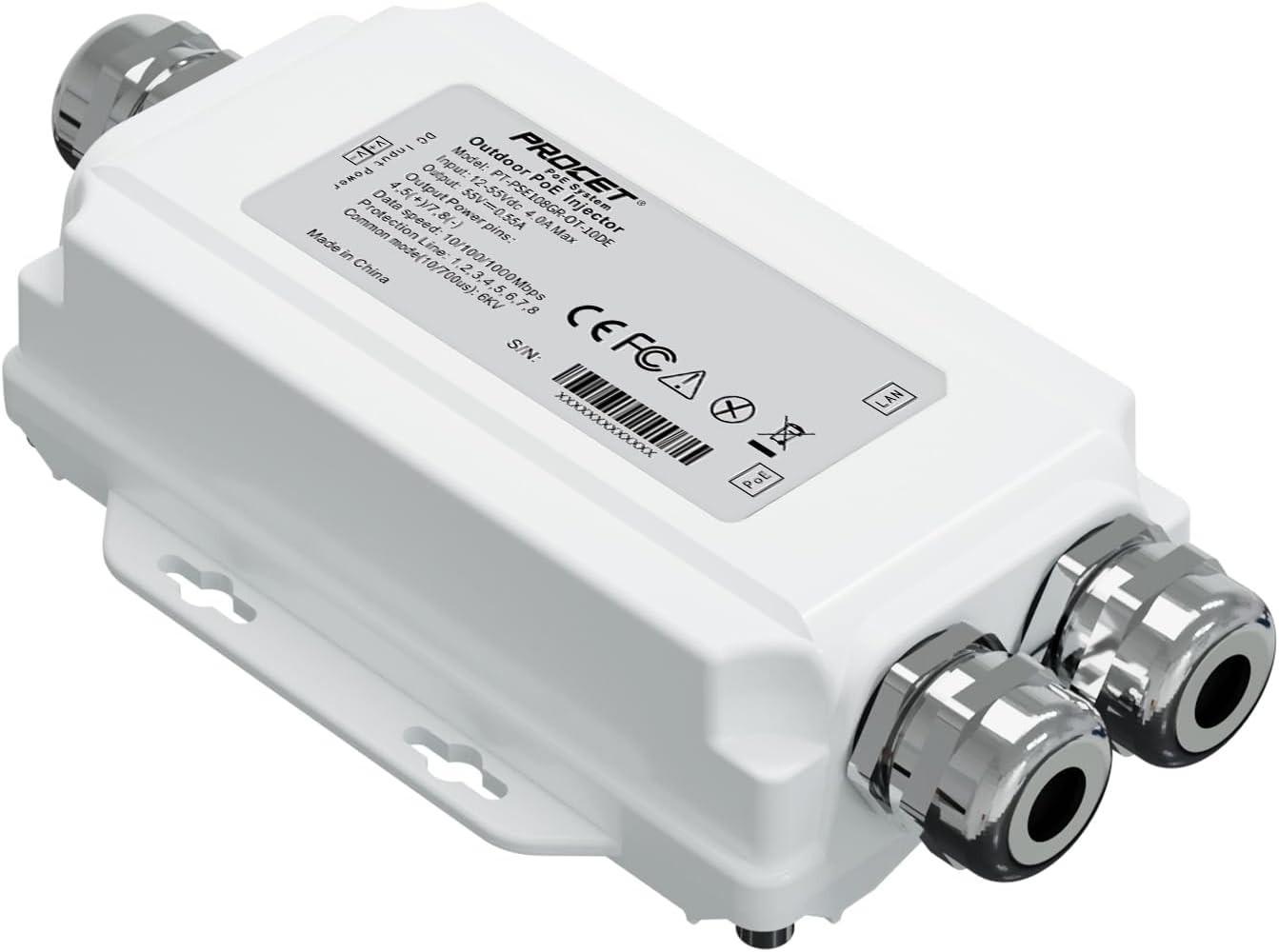 PROCET Outdoor 10 Gigabit 30W Poe Injector Outdoor Ieee802.3At IP67 Waterproof W