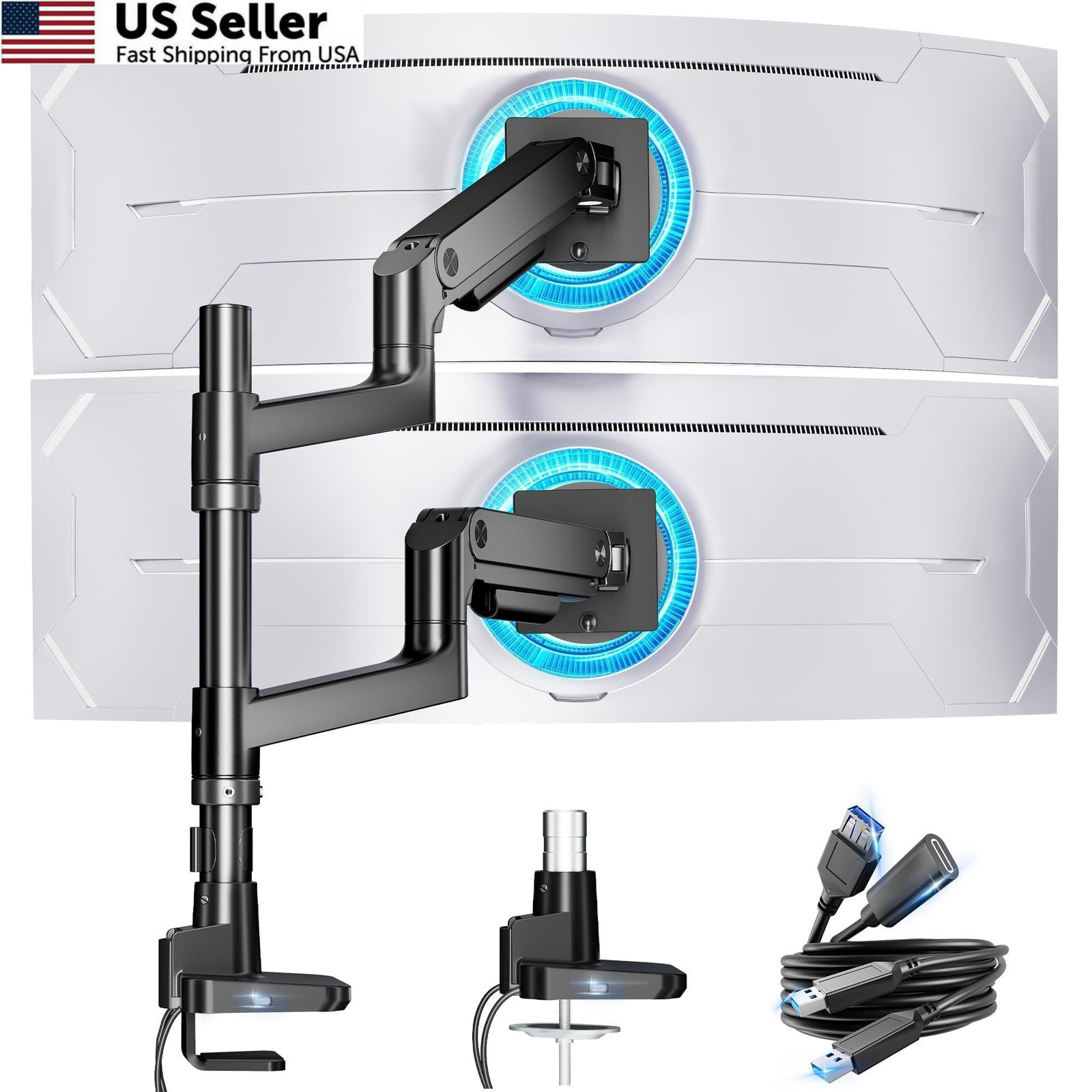 ARES WING Stacked Dual Vertical Monitor Arm with 18'' Pole, Black USB