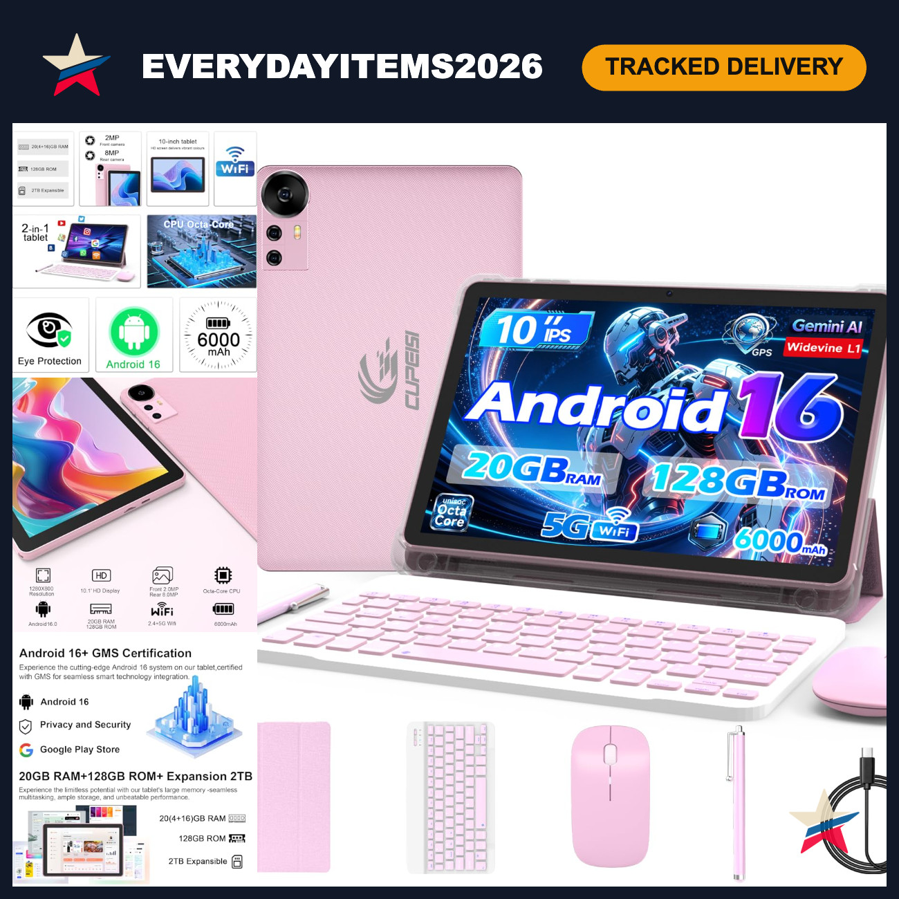 10" Android Tablet, 20GB RAM, 128GB Storage, 2TB Expandable, Octa-core, HD Displ